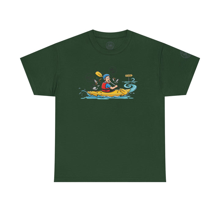Forest green t-shirt by S&amp;W Gallus featuring a cartoon of a surprised kayaker being harassed by laughing seagulls.