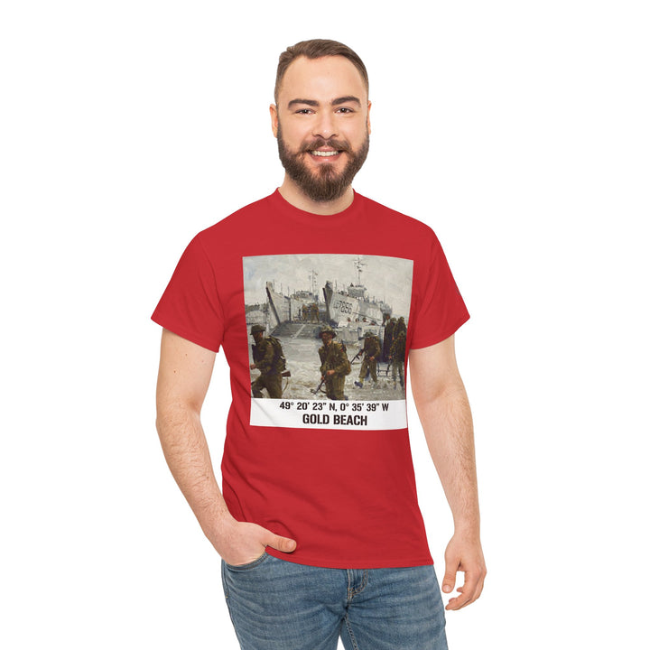 Red graphic tee-shirt by Veteran owned, featuring a D-Day landing scene with beach coordinates, paired with blue jeans.