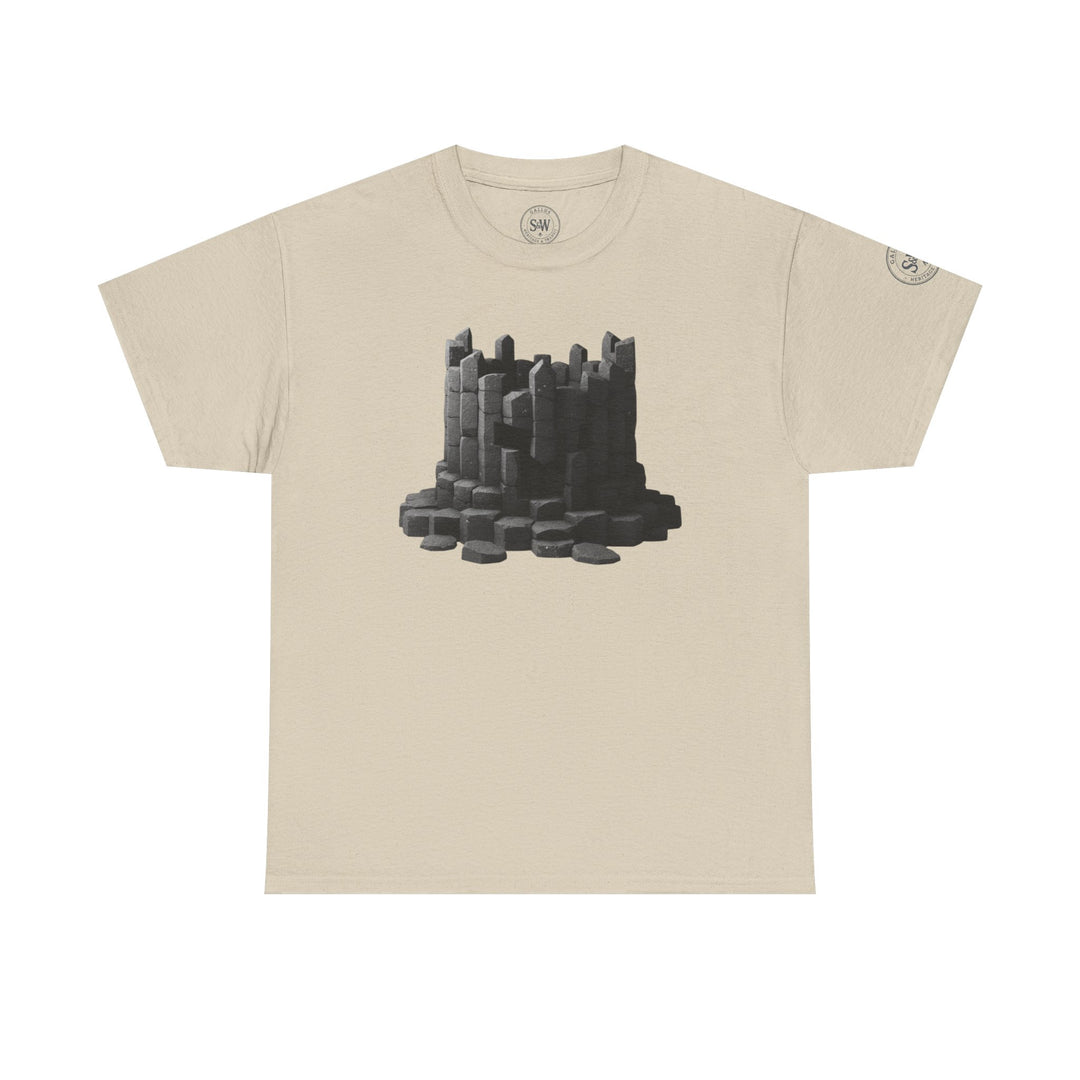 Beige t-shirt by S&amp;W Gallus, displaying a graphic of stacked basalt columns, seen straight on.
