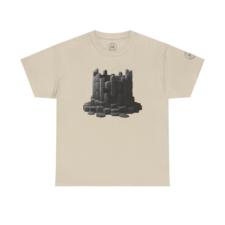 Beige t-shirt by S&amp;W Gallus, displaying a graphic of stacked basalt columns, seen straight on.