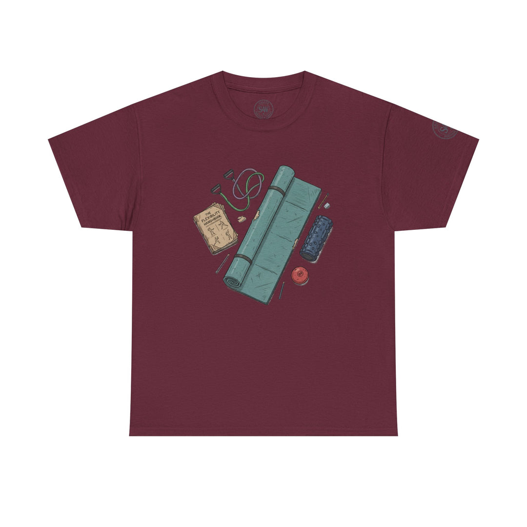 Maroon Flexibility Accessories Tee by S&amp;W Gallus featuring a printed graphic of flexibility tools on the front.