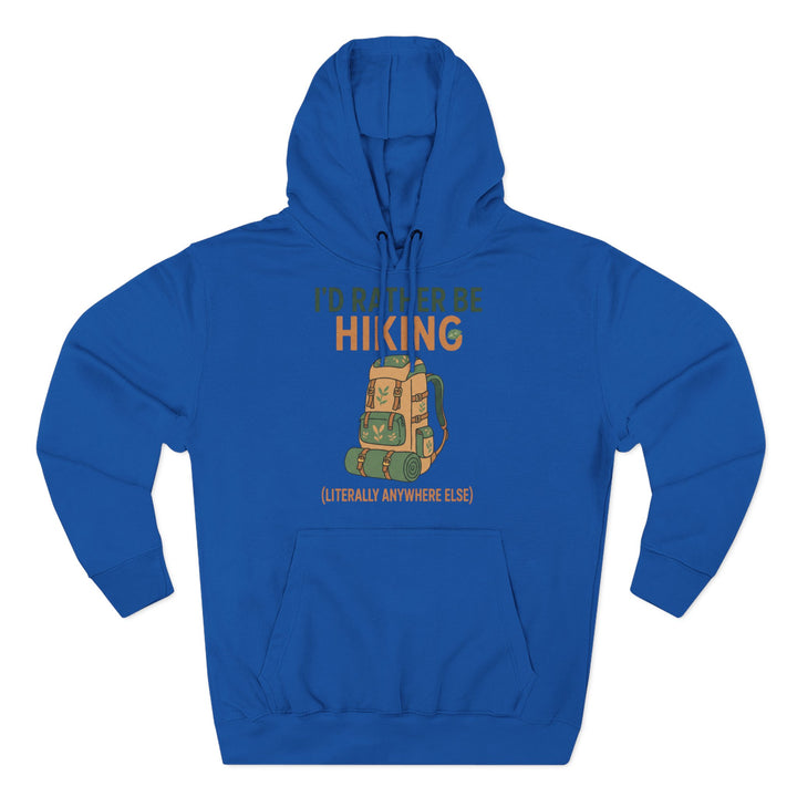 Blue hoodie by S&amp;W Gallus with a hiking backpack graphic and text, plus a front pocket.