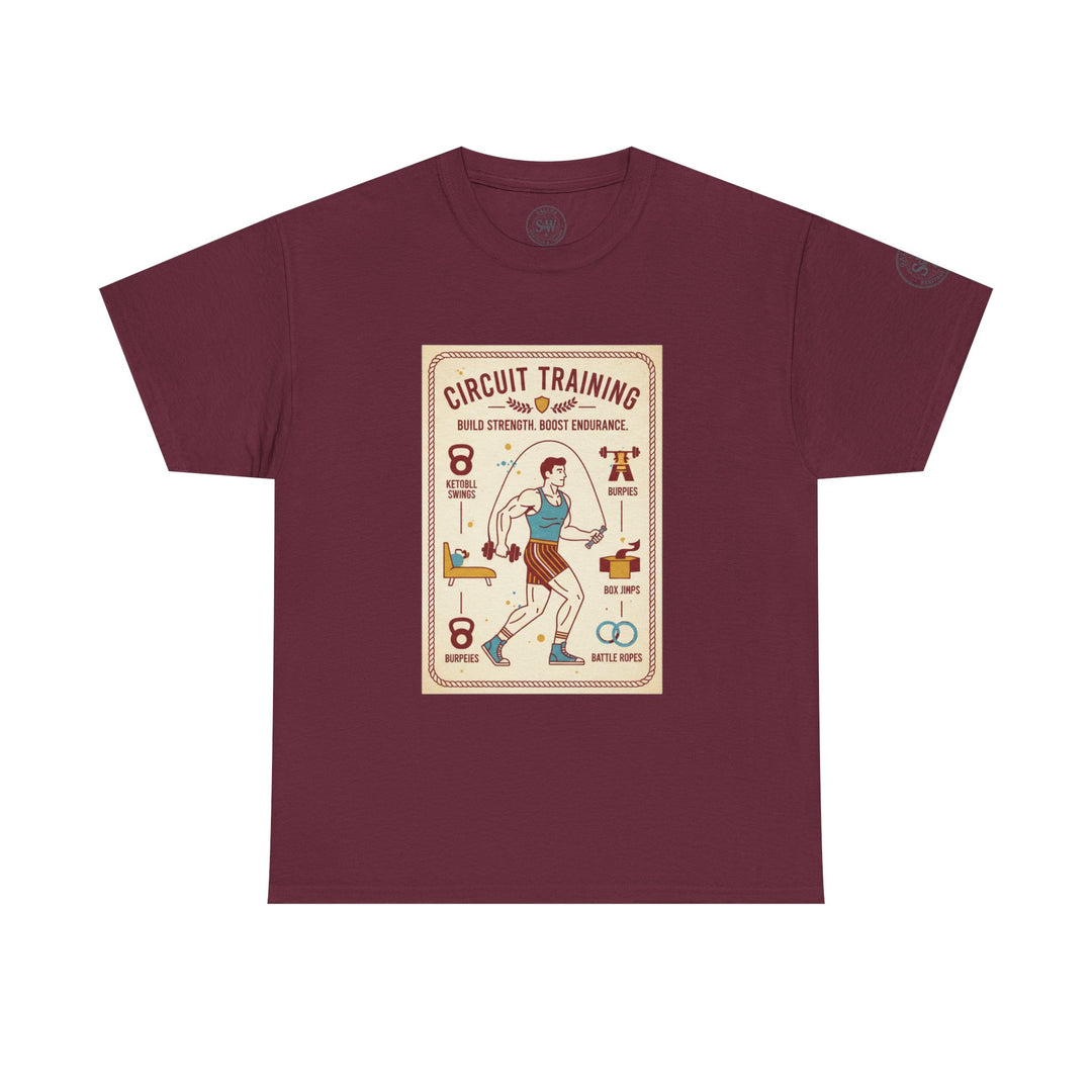 Burgundy t-shirt by S&amp;W Gallus featuring a circuit training graphic on the front.