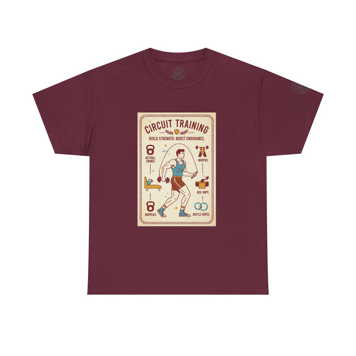 Burgundy t-shirt by S&amp;W Gallus featuring a circuit training graphic on the front.