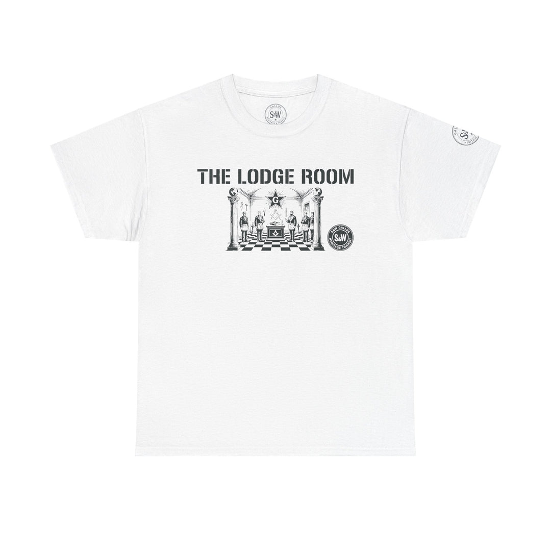 White graphic t-shirt by S&amp;W Gallus, featuring a vintage Masonic lodge graphic and logo details.