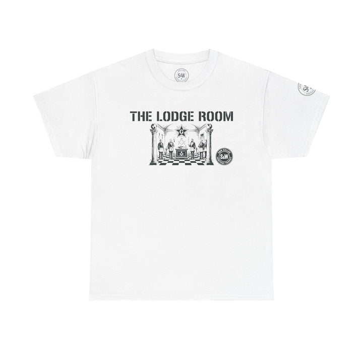 White graphic t-shirt by S&amp;W Gallus, featuring a vintage Masonic lodge graphic and logo details.