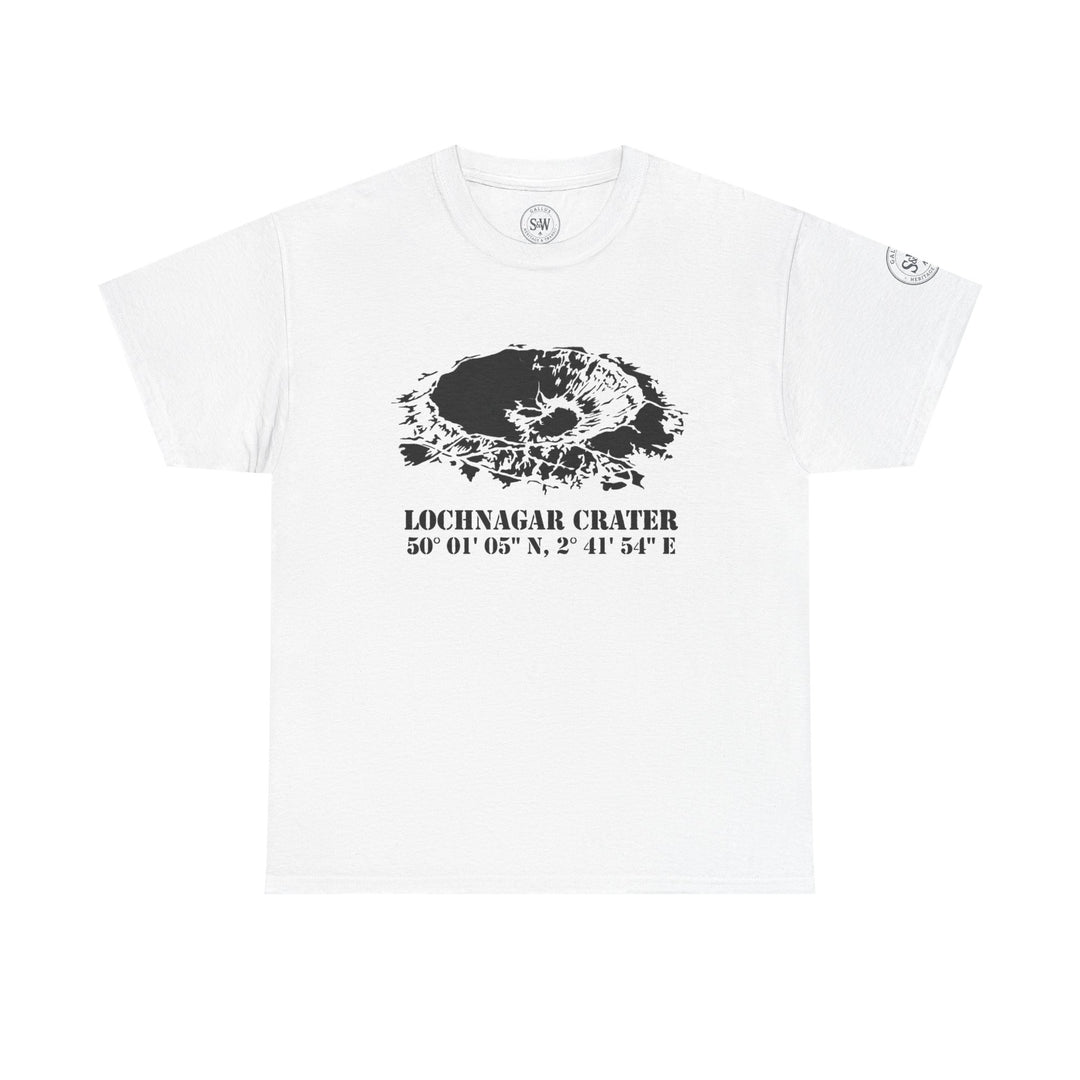 White graphic t-shirt by S&amp;W Gallus featuring the Lochnagar Crater, with dark gray crater illustration and text.