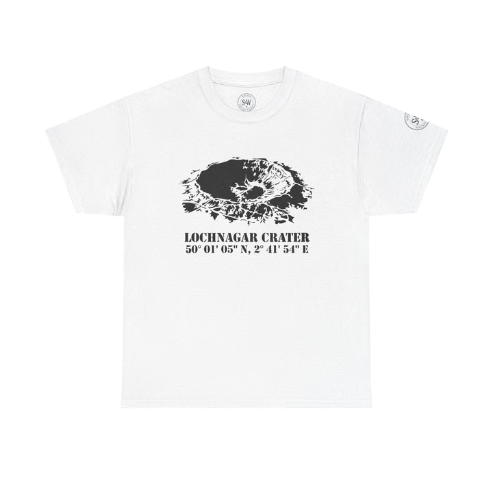 White graphic t-shirt by S&amp;W Gallus featuring the Lochnagar Crater, with dark gray crater illustration and text.