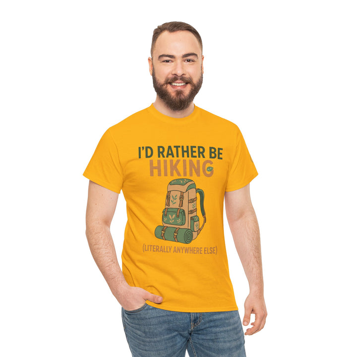Yellow hiking graphic tee by S&amp;W Gallus featuring a backpack design, worn with jeans.
