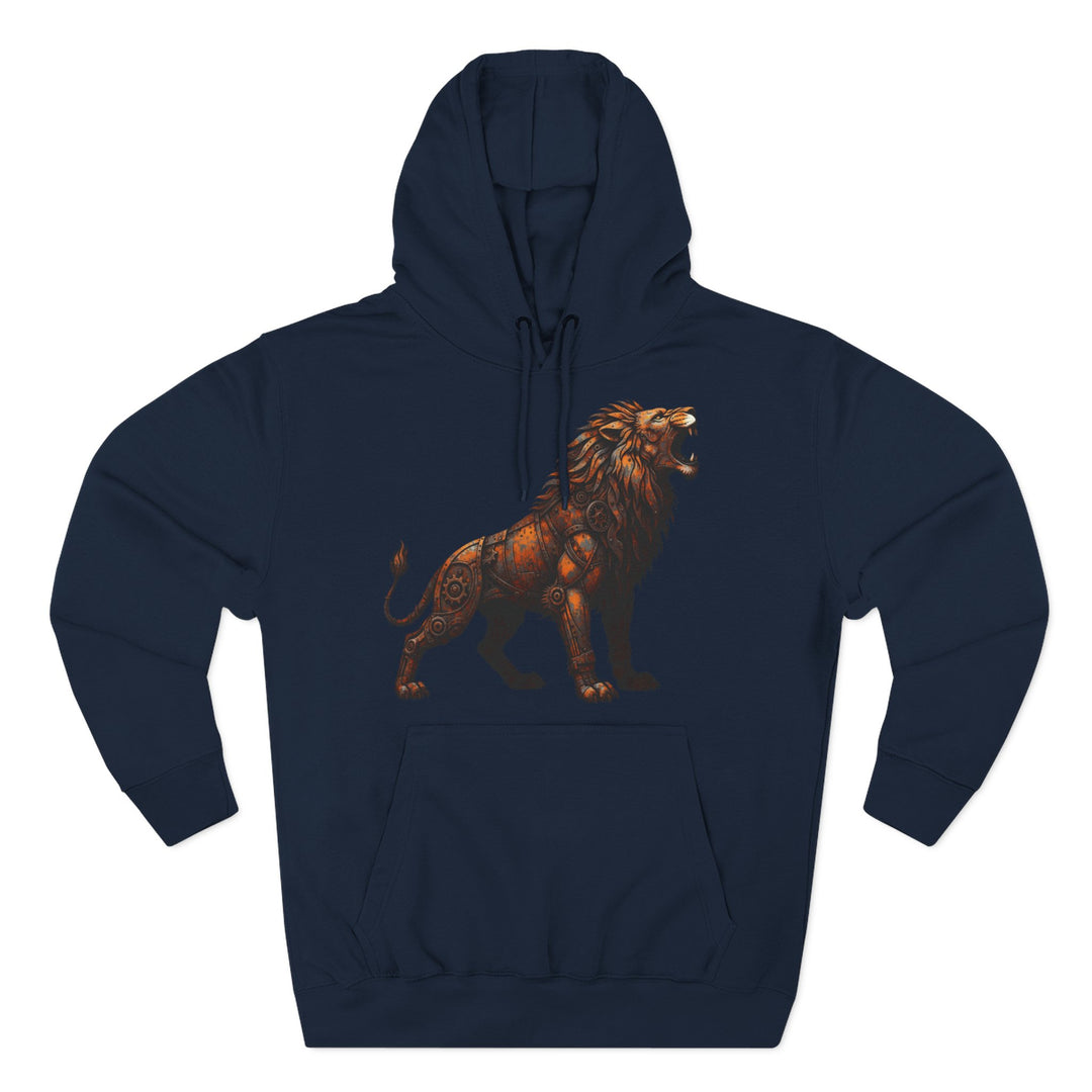 Navy blue hoodie by S&amp;W Gallus featuring a unique, rust-colored steampunk lion illustration across the chest.
