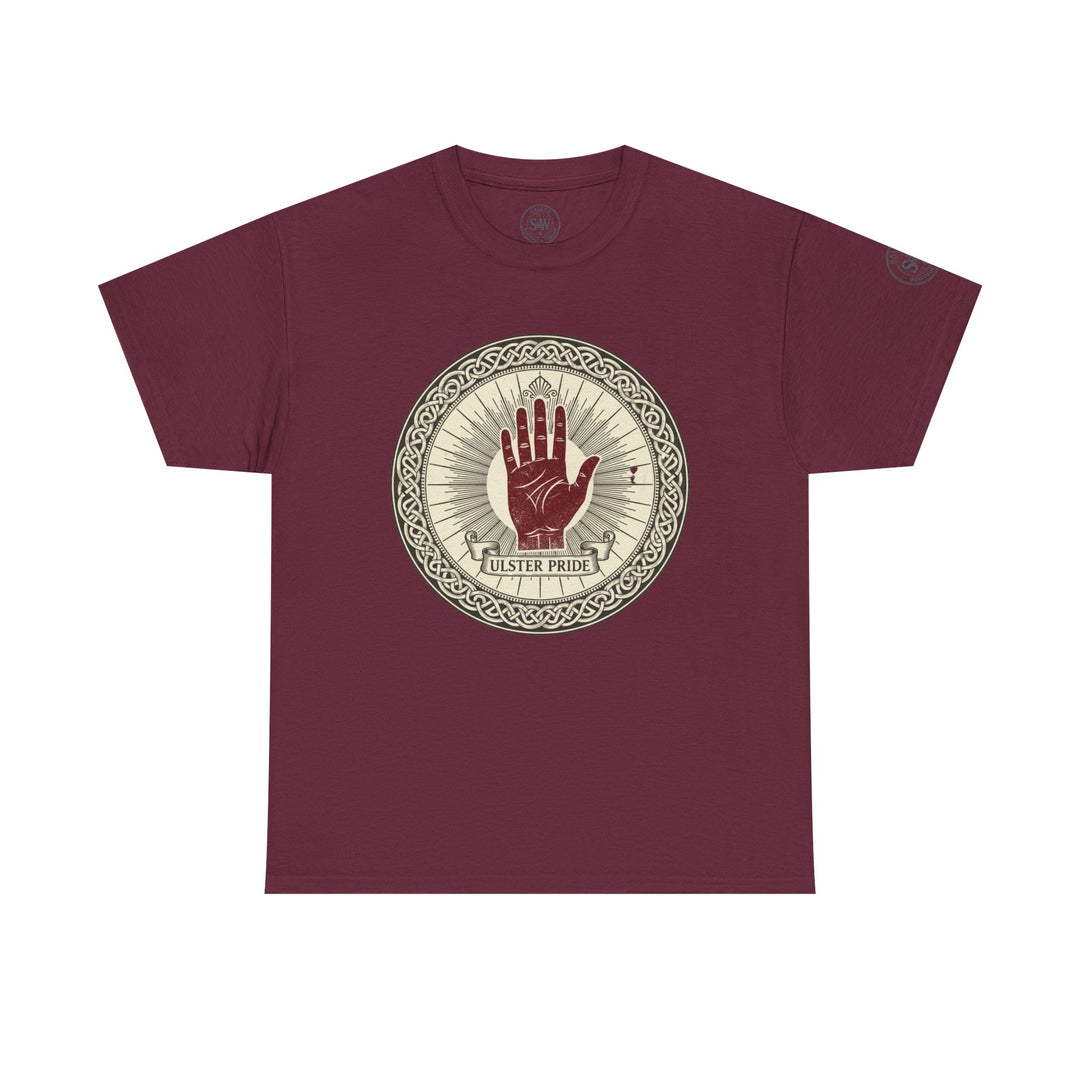 Maroon t-shirt by S&amp;W Gallus featuring the Red Hand of Ulster symbol with "Ulster Pride" text on the front.