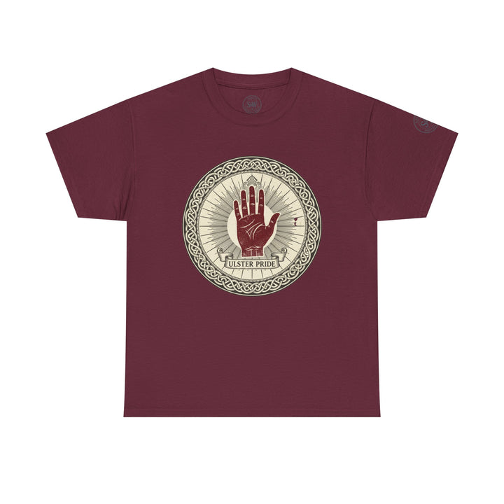 Maroon t-shirt by S&amp;W Gallus featuring the Red Hand of Ulster symbol with "Ulster Pride" text on the front.