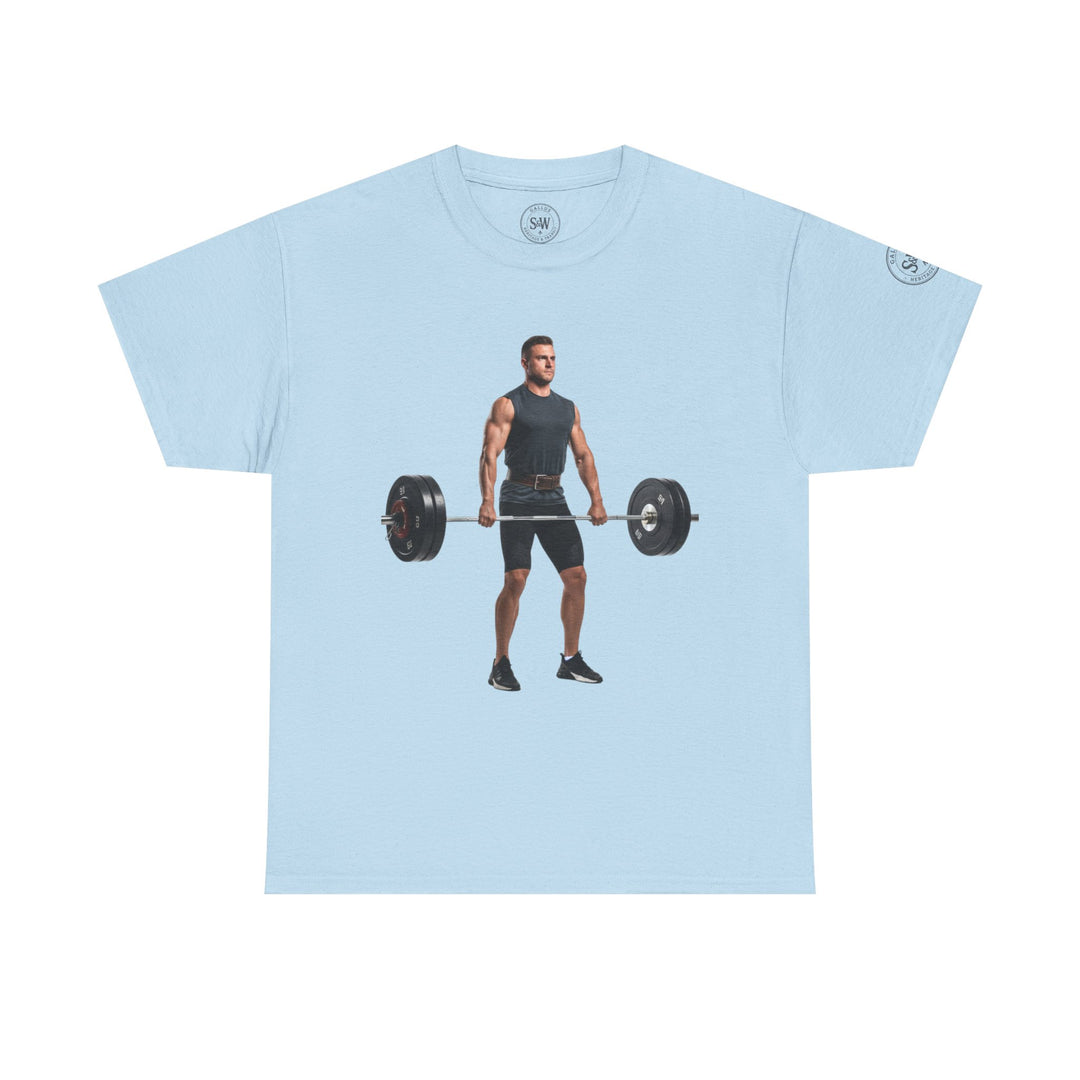 Light blue t-shirt by S&amp;W Gallus, featuring a weightlifter graphic on the front.