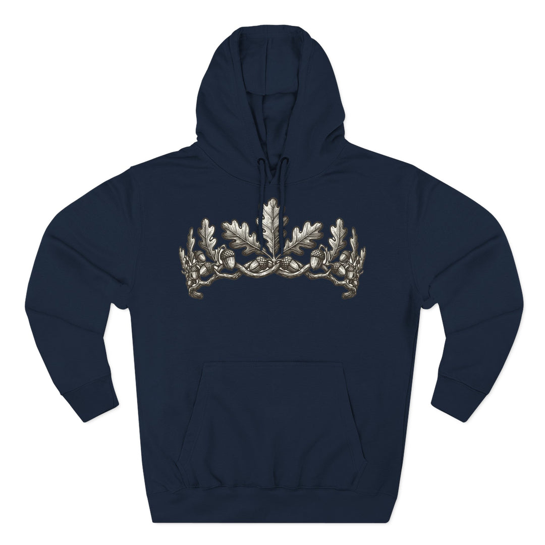 Navy hoodie by S&amp;W Gallus with an oak leaf crown design on the chest and a drawstring hood.