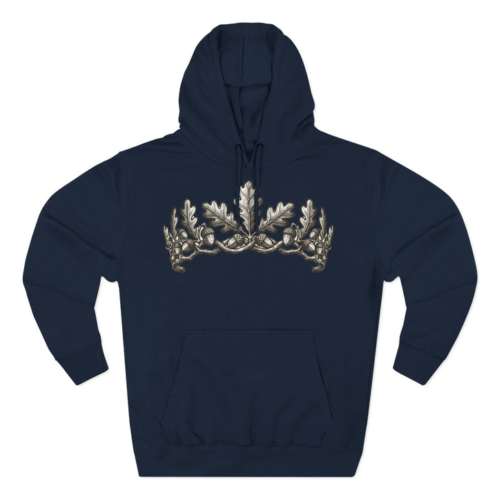 Navy hoodie by S&amp;W Gallus with an oak leaf crown design on the chest and a drawstring hood.