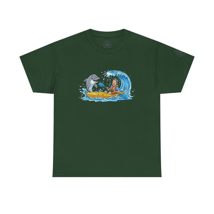 Forest green t-shirt by S&amp;W Gallus featuring a cartoon graphic of a dolphin and kayaker riding a wave.