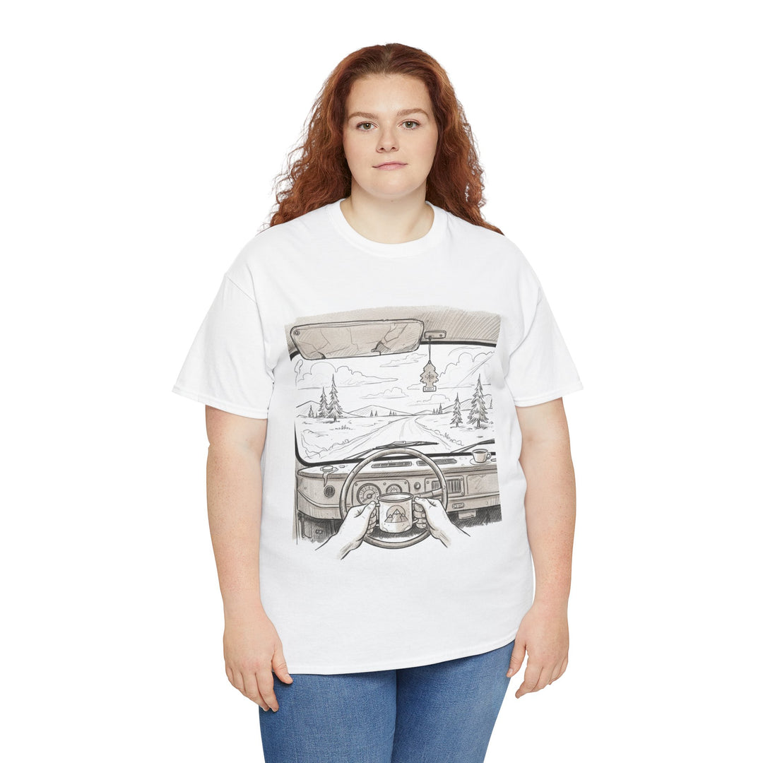 Scenic Drive Van Illustration Tee – soft cotton with a detailed van and landscape design. Perfect for road trips, outdoor adventures, and casual wear.