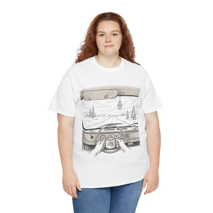 Scenic Drive Van Illustration Tee – soft cotton with a detailed van and landscape design. Perfect for road trips, outdoor adventures, and casual wear.