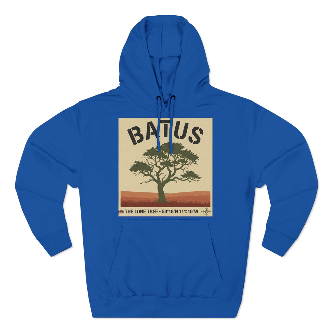 Royal blue hoodie by S&amp;W Gallus, featuring a graphic of the Lone Tree with coordinates and the word "BATUS".