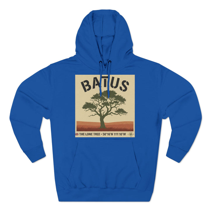 Royal blue hoodie by S&amp;W Gallus, featuring a graphic of the Lone Tree with coordinates and the word "BATUS".