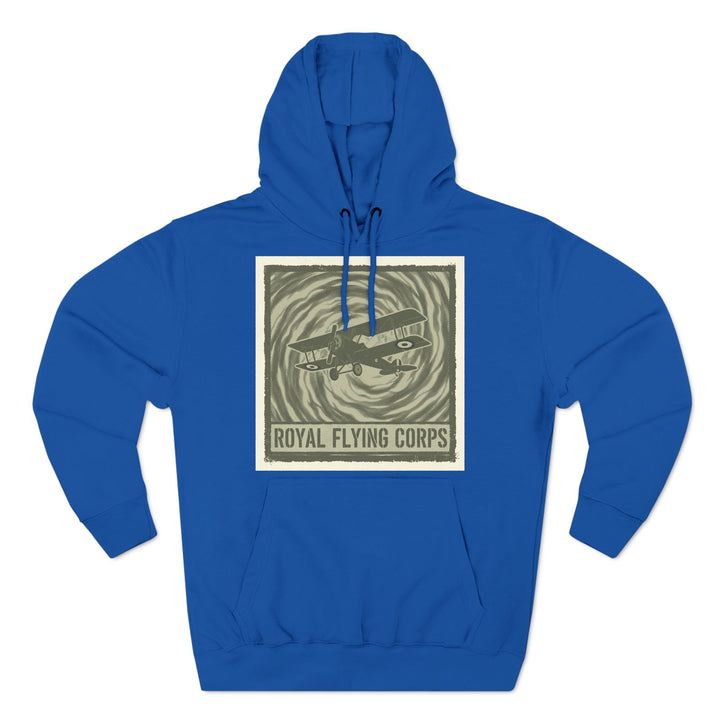Blue hoodie by S&amp;W Gallus featuring a vintage Royal Flying Corps airplane graphic on the front.