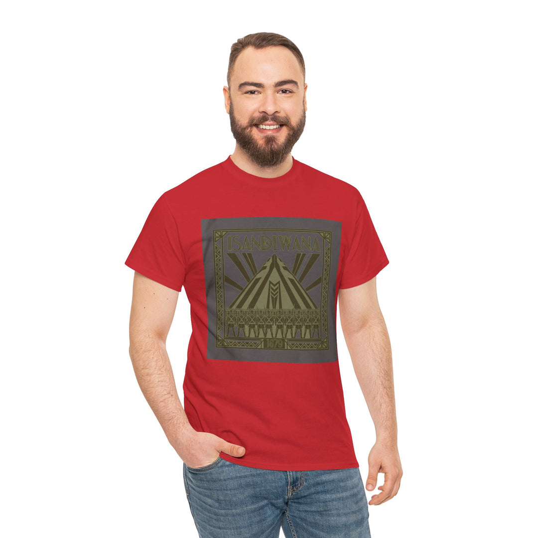 Isandlwana Festival Tee featuring bold “M” pyramid graphic. Outdoor music shirt inspired by iconic landscape vibes.