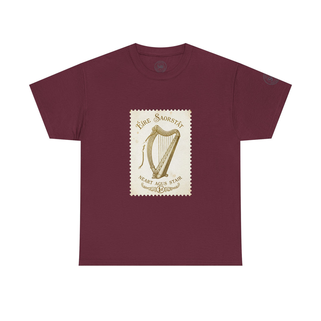 Maroon t-shirt by S&amp;W Gallus, featuring a vintage Irish harp stamp design on the chest.