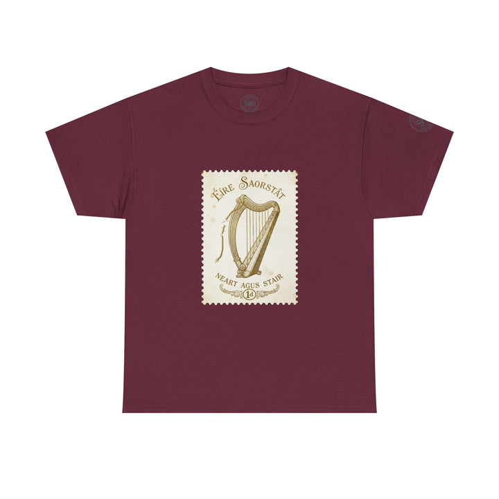 Maroon t-shirt by S&amp;W Gallus, featuring a vintage Irish harp stamp design on the chest.