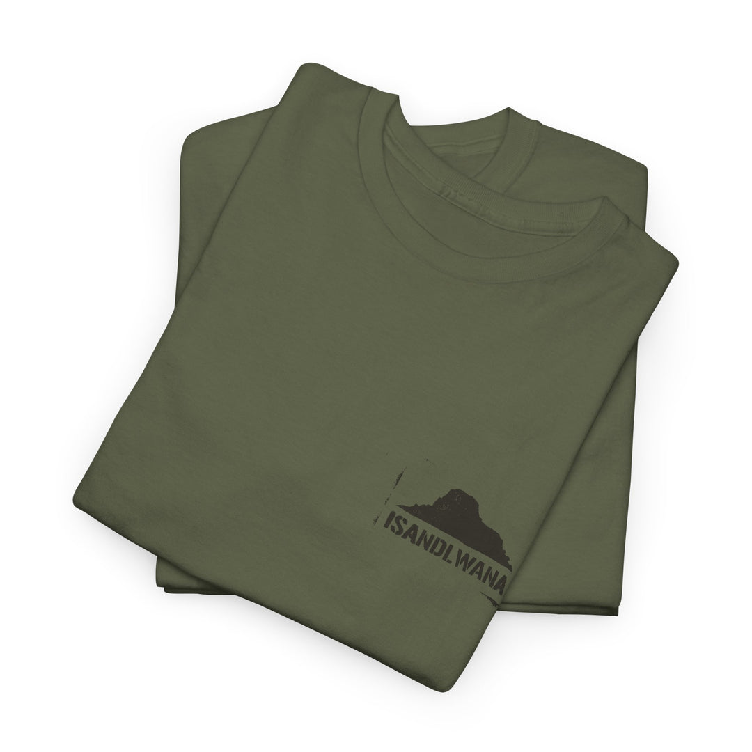 Minimal Rorke’s Drift landscape tee with “Isandlwana Over My Heart” design. Subtle Anglo-Zulu War tribute for true history enthusiasts.