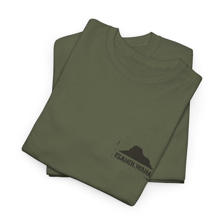 Minimal Rorke’s Drift landscape tee with “Isandlwana Over My Heart” design. Subtle Anglo-Zulu War tribute for true history enthusiasts.