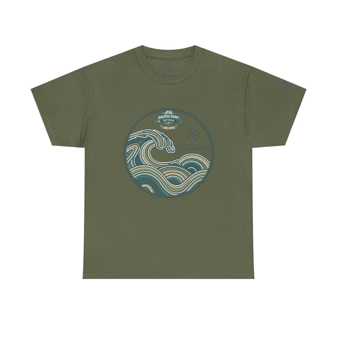 Olive green T-shirt by S&amp;W Gallus, featuring a stylized ocean wave graphic inside a circular emblem on the chest.