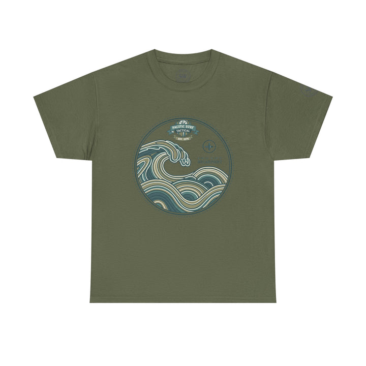 Olive green T-shirt by S&amp;W Gallus, featuring a stylized ocean wave graphic inside a circular emblem on the chest.