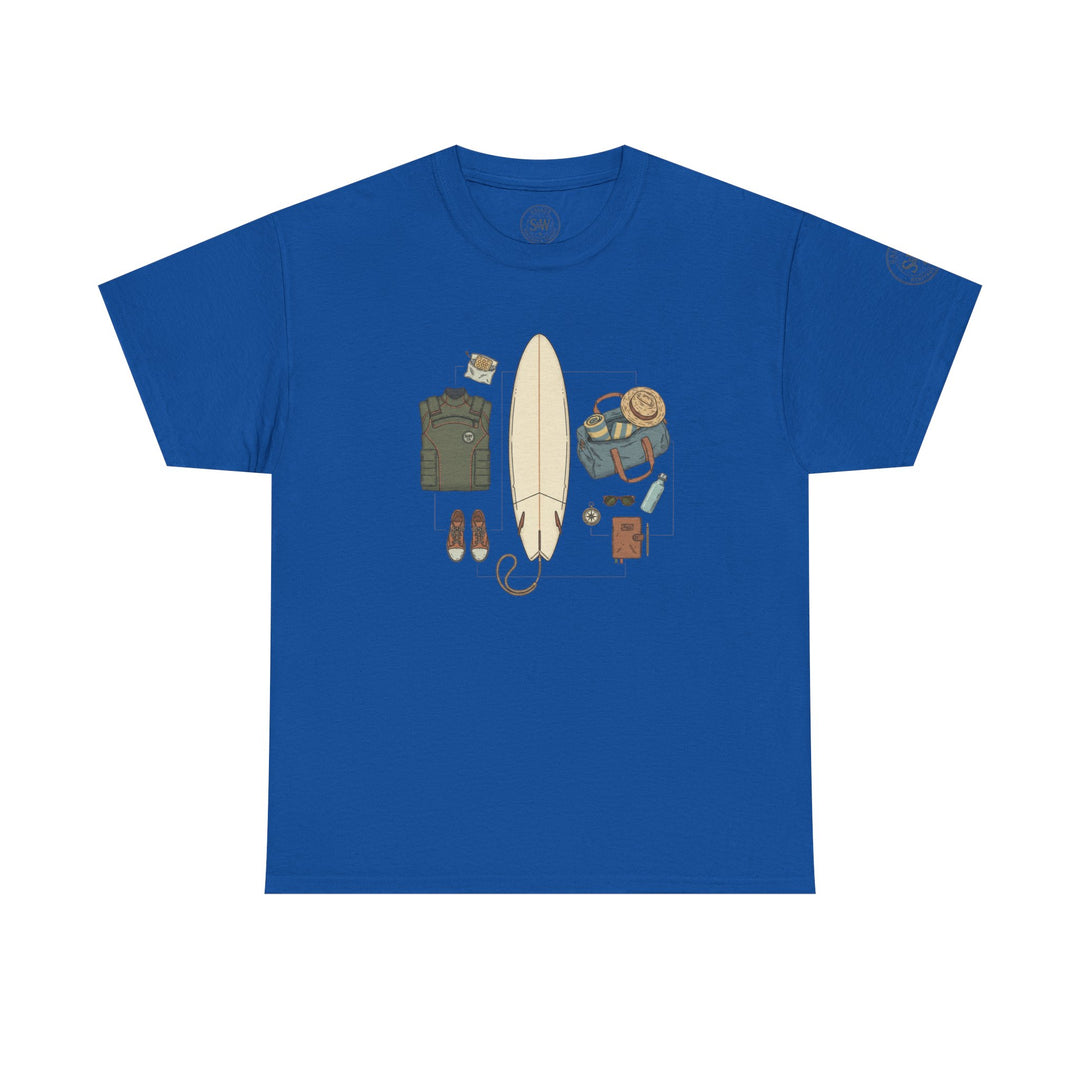 Blue short-sleeve t-shirt by S&amp;W Gallus featuring a surf gear graphic in the center.