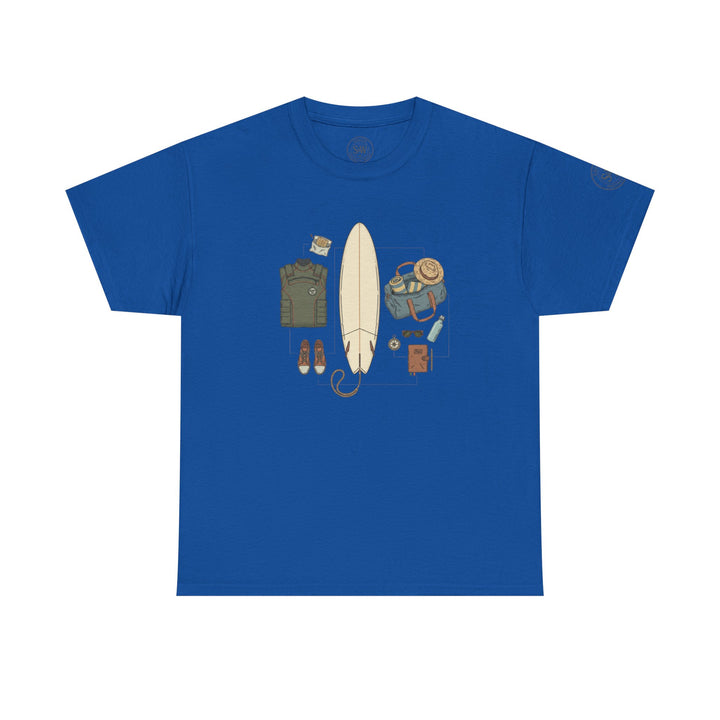 Blue short-sleeve t-shirt by S&amp;W Gallus featuring a surf gear graphic in the center.