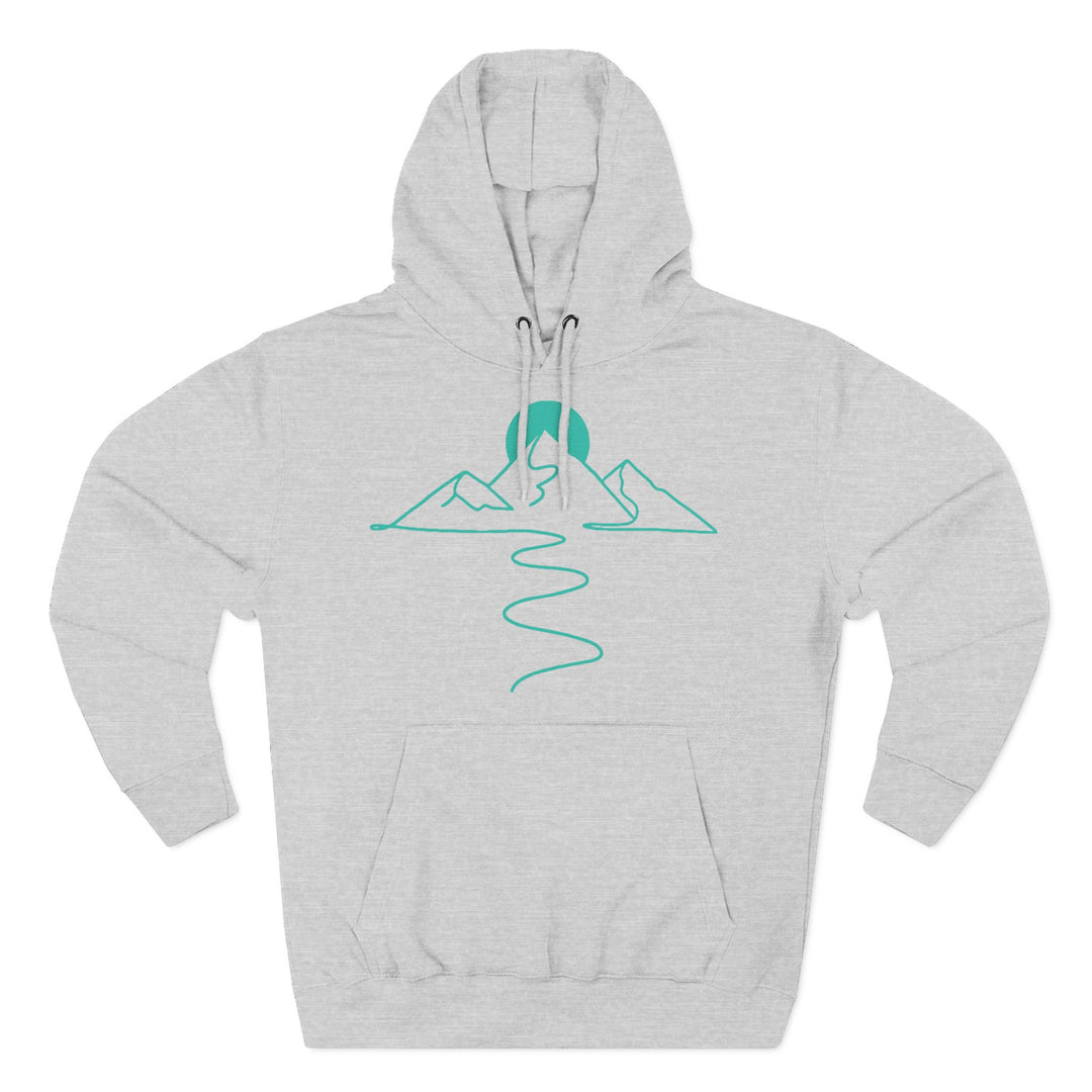Gray hoodie from S&amp;W Gallus with a stylized teal mountain graphic on the chest, featuring a front pouch pocket and a drawstring hood.
