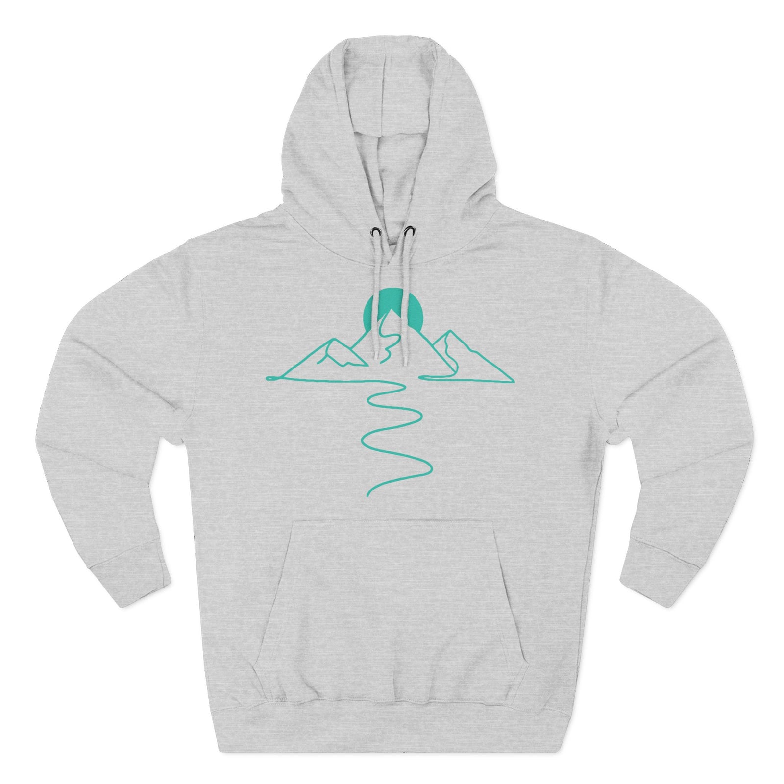 Gray hoodie from S&W Gallus with a stylized teal mountain graphic on the chest, featuring a front pouch pocket and a drawstring hood.
