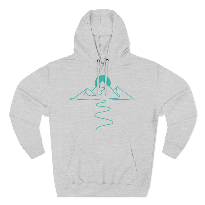 Gray hoodie from S&amp;W Gallus with a stylized teal mountain graphic on the chest, featuring a front pouch pocket and a drawstring hood.