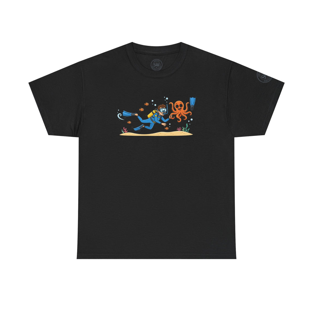 Black t-shirt by S&amp;W Gallus with a diver and octopus cartoon graphic on the chest.