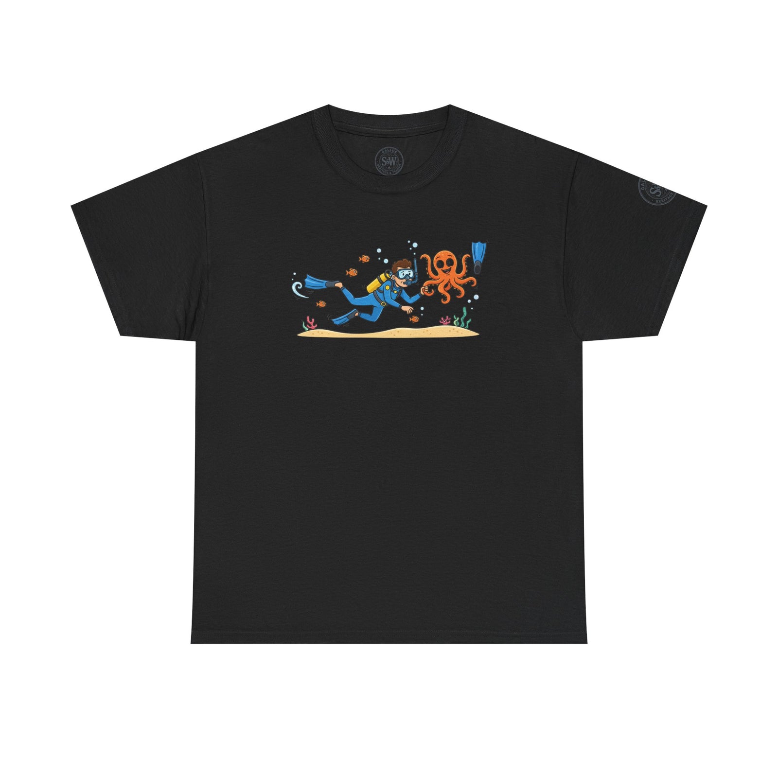 Black t-shirt by S&W Gallus with a diver and octopus cartoon graphic on the chest.