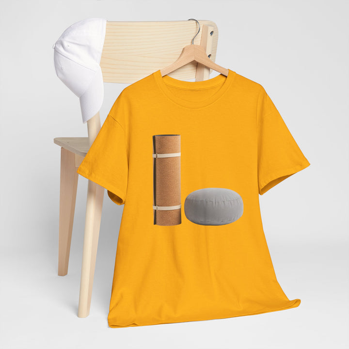 Mat &amp; Meditation Cushion Tee – soft, breathable cotton featuring a yoga-inspired design. Perfect for meditation, studio practice, or mindful everyday wear.