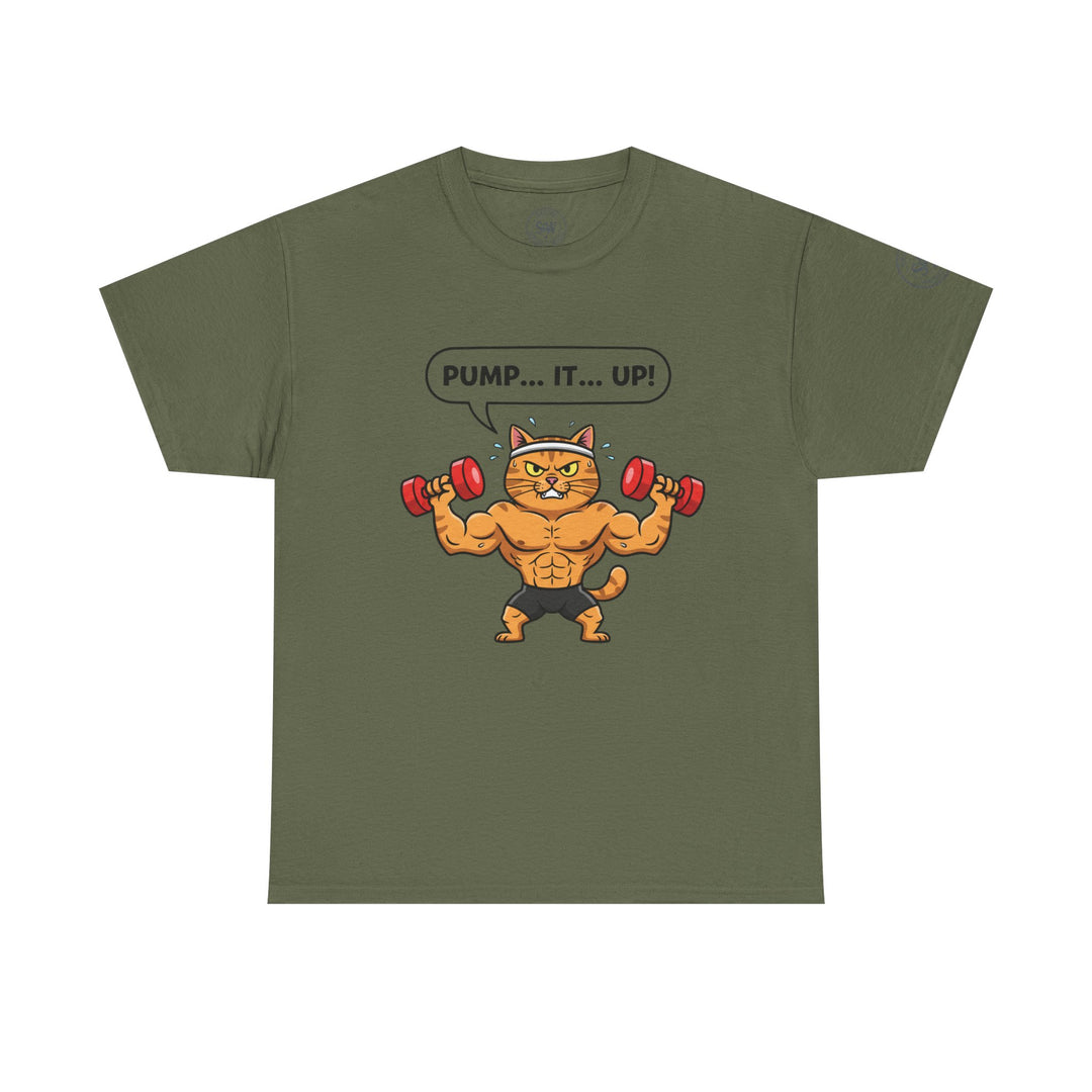 Olive t-shirt by S&amp;W Gallus featuring a cartoon cat lifting weights with a "Pump... It... Up!" speech bubble.