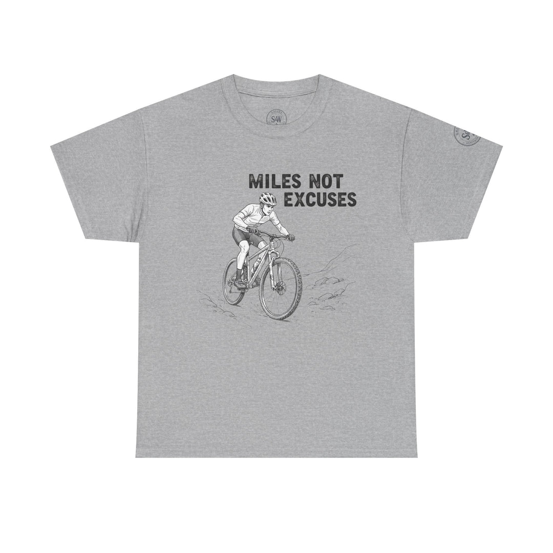 Gray graphic tee shirt by S&amp;W Gallus, featuring a cyclist and text, with logos on the collar and sleeve.