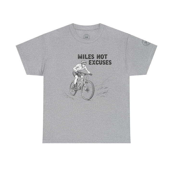 Gray graphic tee shirt by S&amp;W Gallus, featuring a cyclist and text, with logos on the collar and sleeve.
