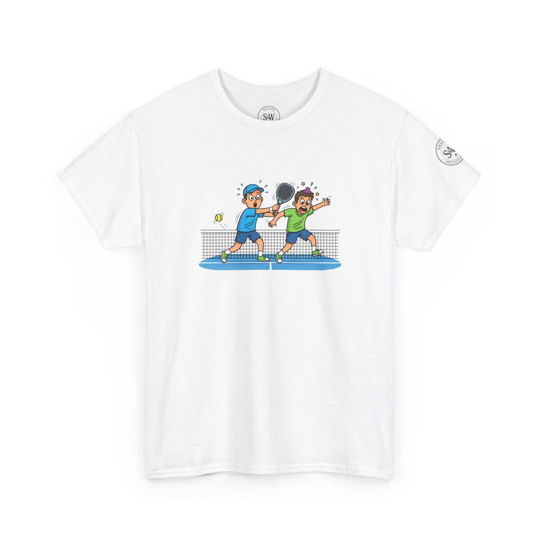 White graphic tee by S&amp;W Gallus featuring a padel tennis cartoon design on the front.