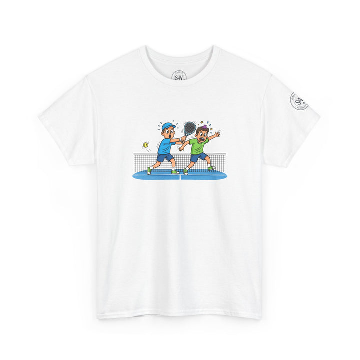 White graphic tee by S&amp;W Gallus featuring a padel tennis cartoon design on the front.