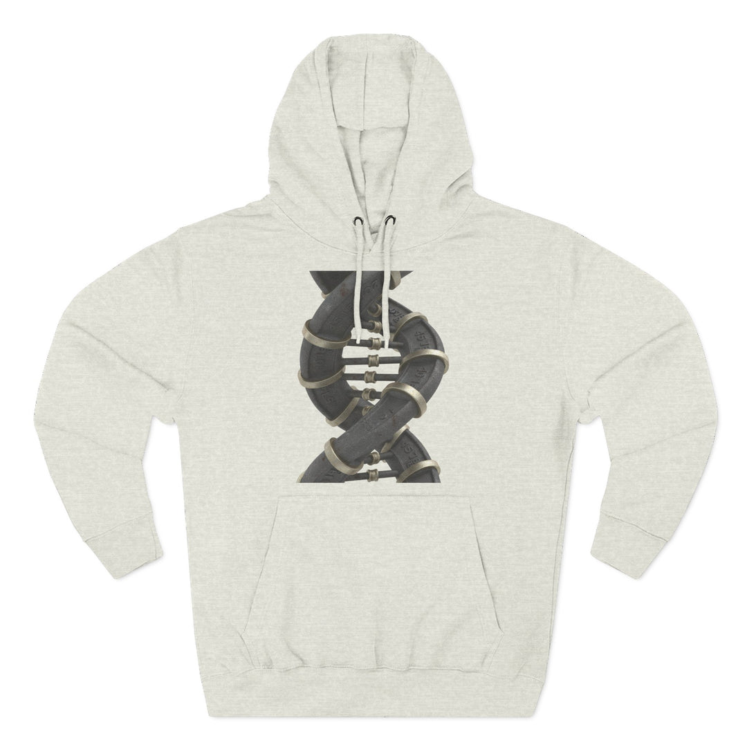 Heather gray hoodie by S&amp;W Gallus with a central graphic of a metal pipe DNA helix.