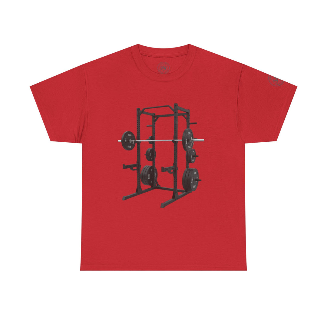 Red t-shirt by S&amp;W Gallus featuring a gym power rack graphic on the front.