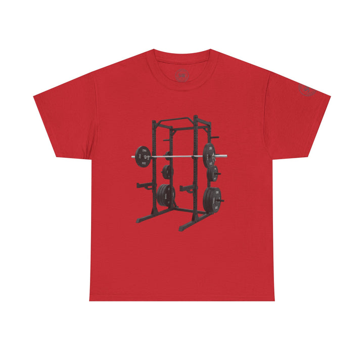 Red t-shirt by S&amp;W Gallus featuring a gym power rack graphic on the front.