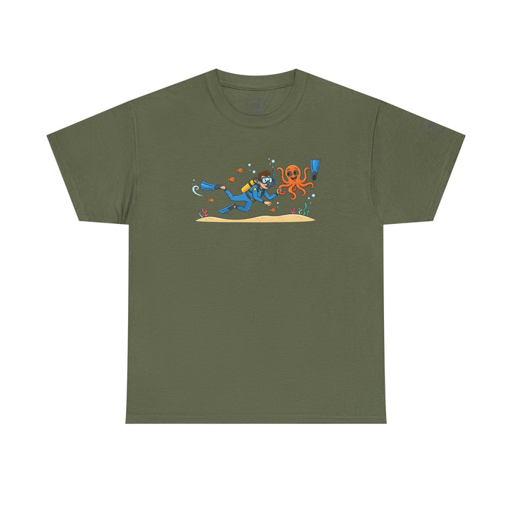 Olive drab t-shirt by S&amp;W Gallus displaying a diver and octopus graphic on the front.