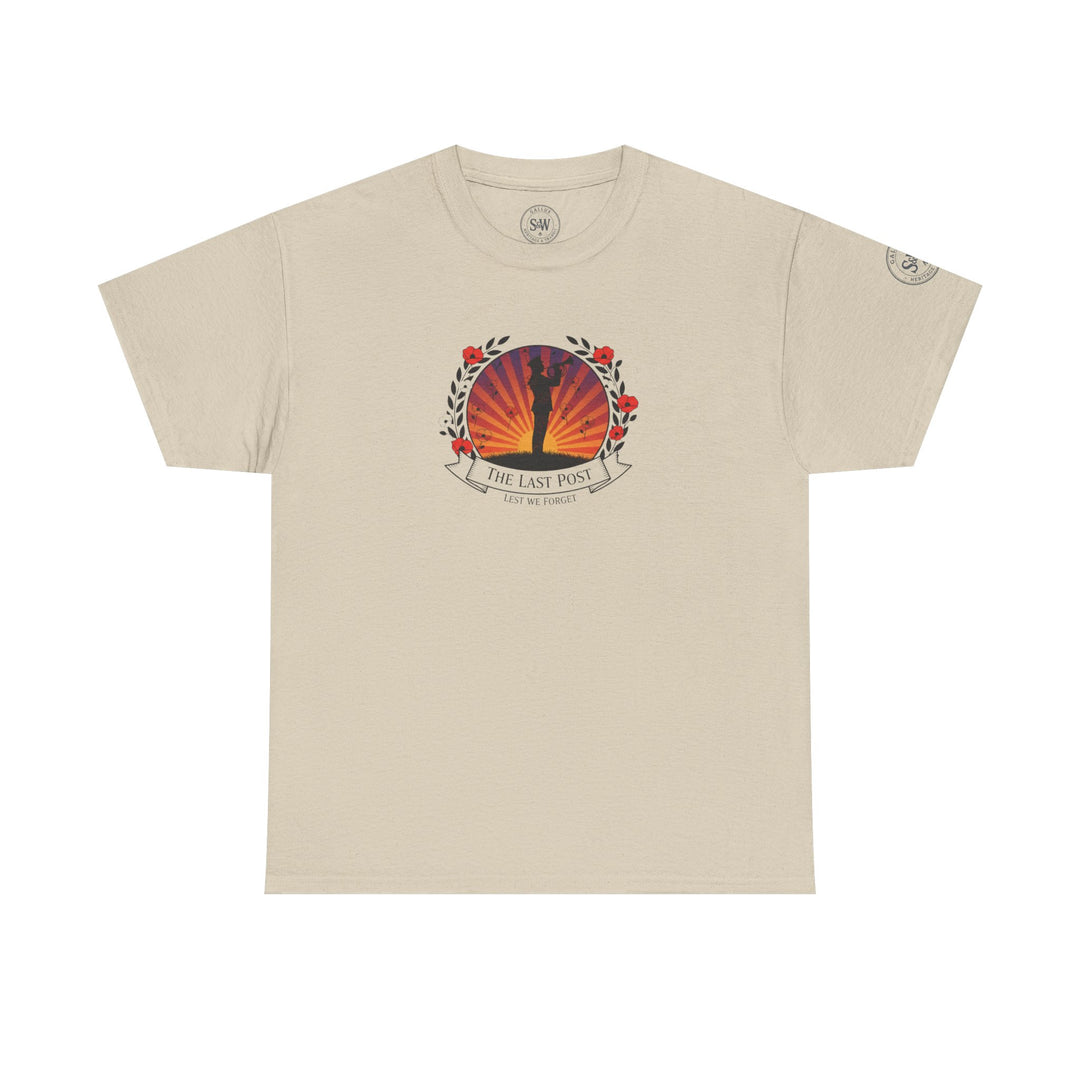 Beige t-shirt by S&amp;W Gallus, featuring "The Last Post" emblem with a silhouette of a bugler and poppy floral accents.